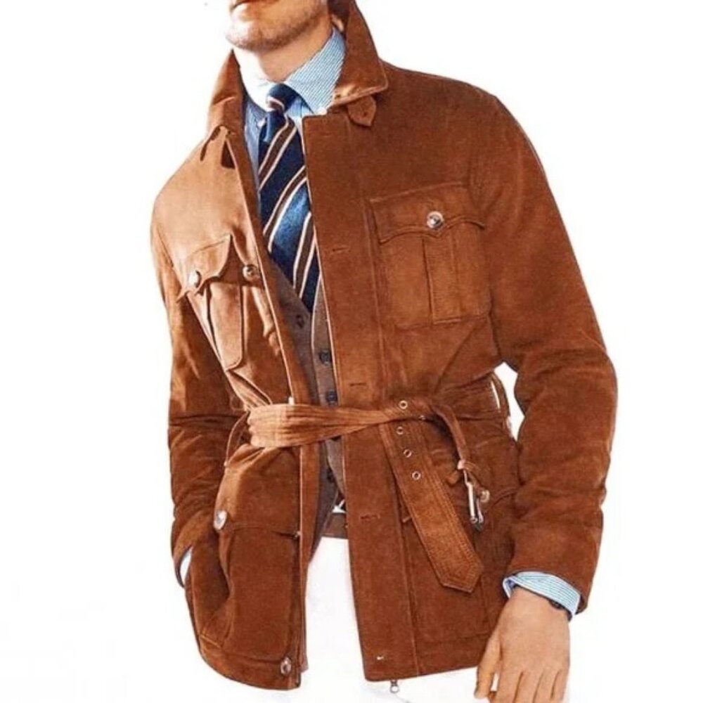 Genuine Suede Leather Belted Jacket, Medium in Brown